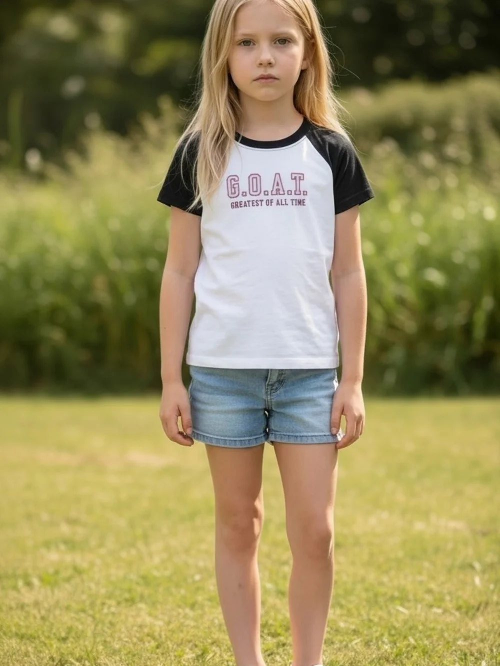 #253 Carter's White Raglan Tee with Black Sleeves and Maroon G.O.A.T. Print